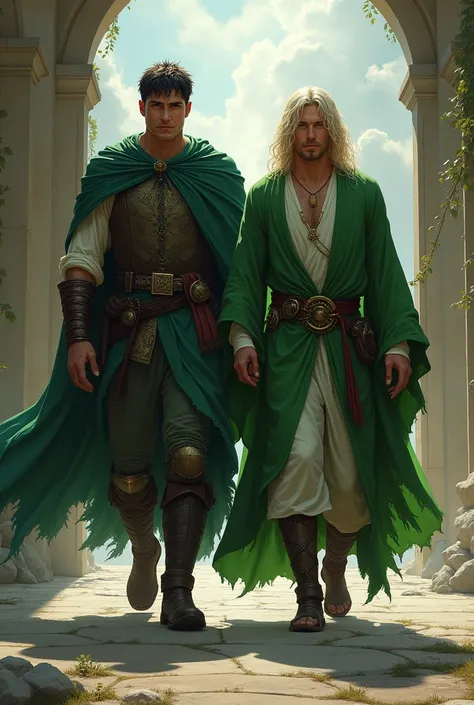 In the era of fantasy royalty, a beautiful man, tall and burly with short black hair, was followed by another blond haired man wearing green healer robes