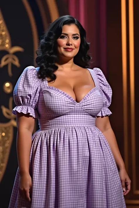 The AVN Award for deep V-neck blouse BOOB cleavage OF Sultry Plus-Size Exhibitionist Amorous voluptuous MILF with Boob Cleavage Breasts: The costumes lavender and white gingham dress radiates vintage charm with its short puffed sleeves and ruffled edges. T...