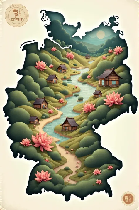 Create a map of Saxony with Korean design elements. So Korean flowers, Huts and stuff