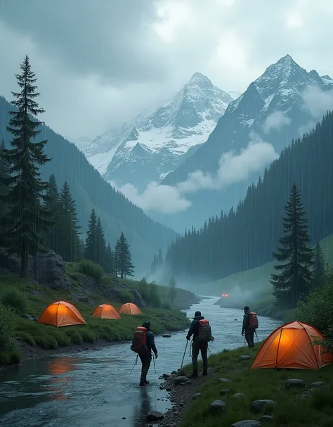 Camping in places with rivers and mountains on rainy days