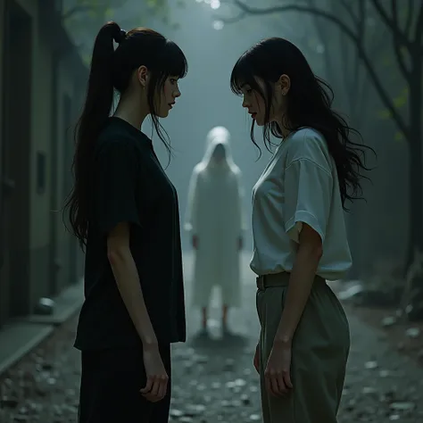 Two young women, one wearing a black shirt and black pants. Her black hair was pulled back. Another person wore a white shirt, loose hair and loose pants, standing far away. The background had a dark tone and there was a ghost. semi-realistic lines