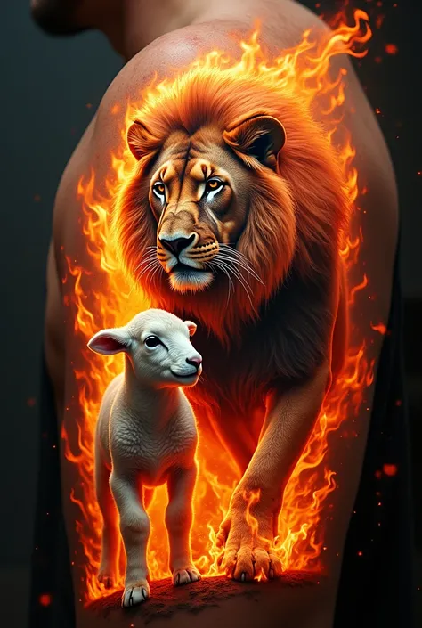 Tattoo of a lamb and a lion on fire 