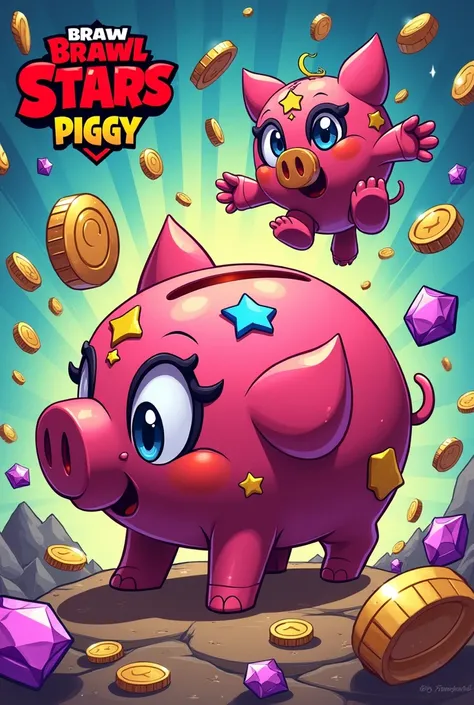 I want you to make a comic-style design of the Brawl Stars mega piggy bank like Spider-Man&#39;s: Across the Spider-Verse and put Cold Challenge and Shelly Star&#39;s new version with gems, glitter and gold, I don&#39;t want the pig, I want the mega piggy ...