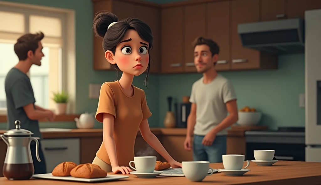 woman in the kitchen, preparing breakfast with a worried and thoughtful expression. The coffee is ready, and the table is set with cups and breads. two men are talking in the background, appearing relaxed.