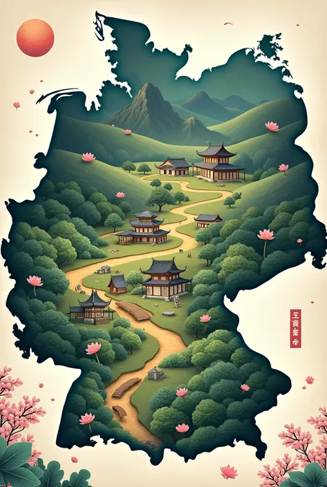 Create a map of Saxony with Korean design elements. So Korean flowers, Huts, Food and stuff