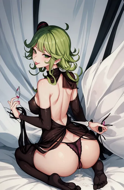 Tatsumaki hentai anime vagina ass anus panties excited sticking out tongue flirting black lines around body full body clothed naked 