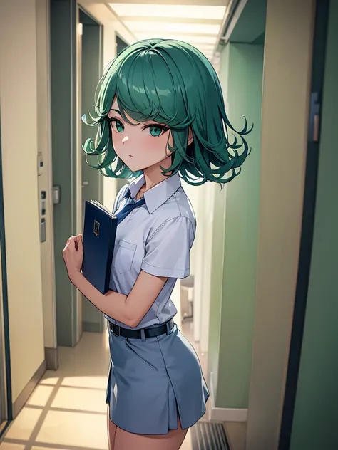 (high res, 8K, masterpiece, looking at viewer, best quality, very aesthetic, ultra detailed, ultra background, ultra Eyes) intricate details, 1girl, Tatsumaki, short sleeved white shirt, Light Blue Gray short skirt, Pockets on the left chest, Blue Gray tie...