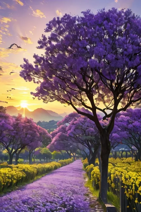 (Best Quality,8k,High resolution,masterpiece:1.2),ultra detailed,Sunset,the avenue lined with jacaranda in bloom purple, household, The beautiful yellow rapeseed flowers on the shore., The current, the breeze, The birds fly