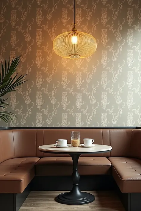 Wall with vintage style wallpaper on coffee shop table 