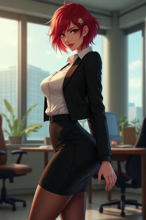 1 girl, breasts, ass, pantyhose, office woman, skirt, solo, looking back, hair ornament, short hair, red, huge breasts, shirt, curved waist, hair clip, looking at the audience, jacket, view from behind, pencil skirt, indoor, feet, black pantyhose