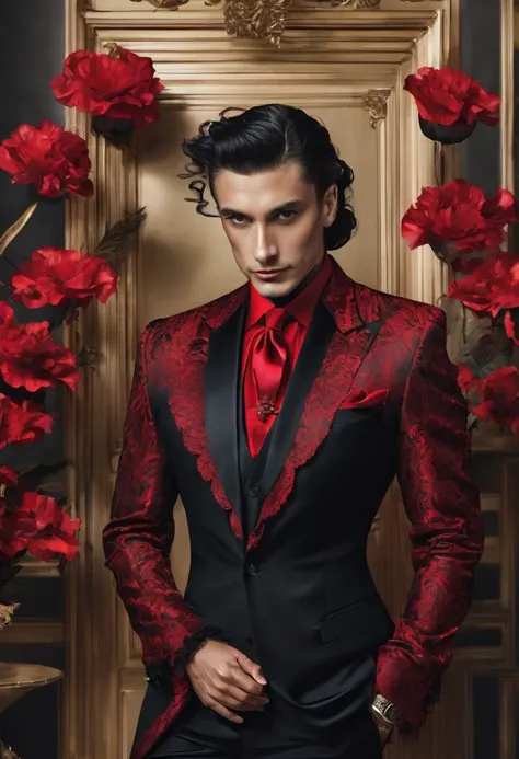 
araffe in black and red suit and red tie, an album cover by Galen Dara, trending on cg society, baroque, black and red suit, frilly suit, black and red suit, frilly dark red opulent clothes, red and black suit, black and red silk clothes, black and red tu...