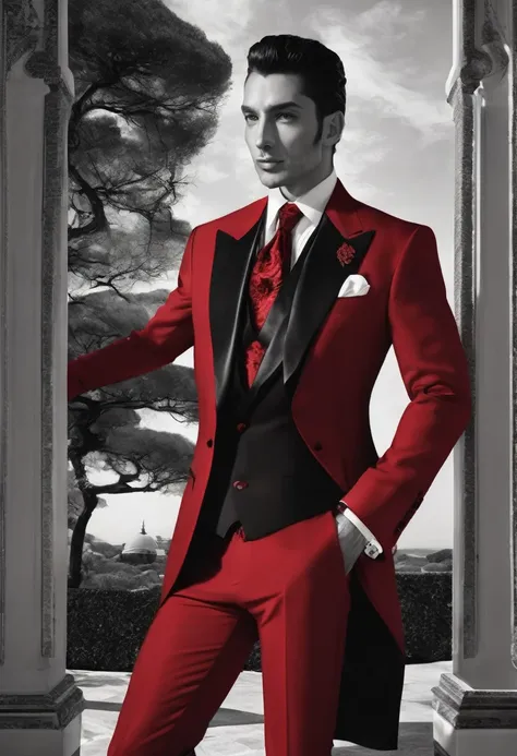 
araffe in black and red suit and red tie, an album cover by Galen Dara, trending on cg society, baroque, black and red suit, frilly suit, black and red suit, frilly dark red opulent clothes, red and black suit, black and red silk clothes, black and red tu...