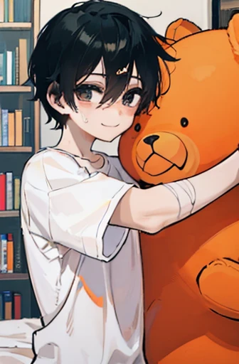 1 boy, he hugs a big orange teddy bear, upper body shot only, black short hair, he is wearing a white shirt, he smiles gently., ...