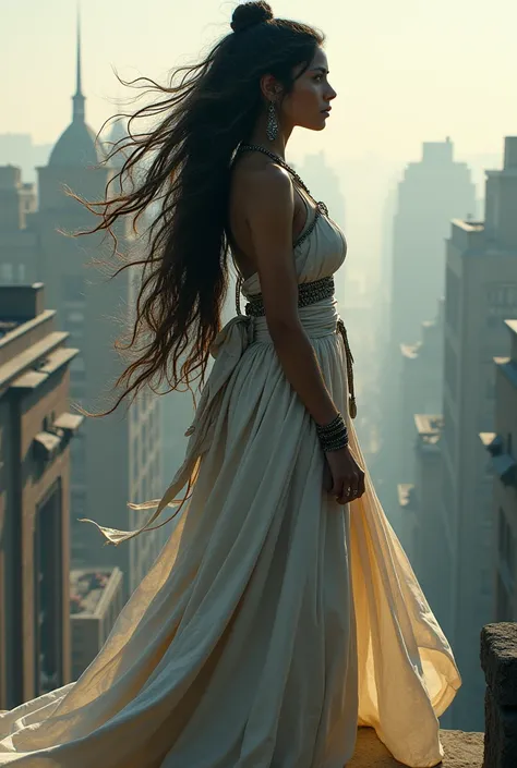 Black wolf woman in knee-length white native dress,  tied hair, horse hair, rebellious layered hair, she is on top of the building, looking at the movement .