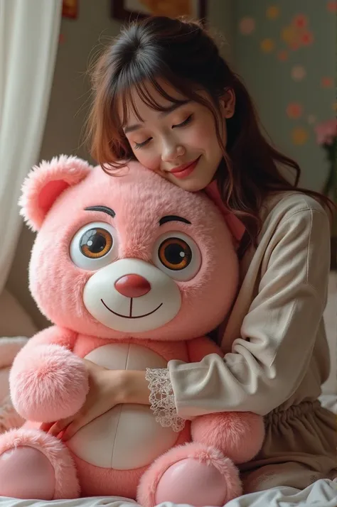 A woman hugging a pink bear with many eyes