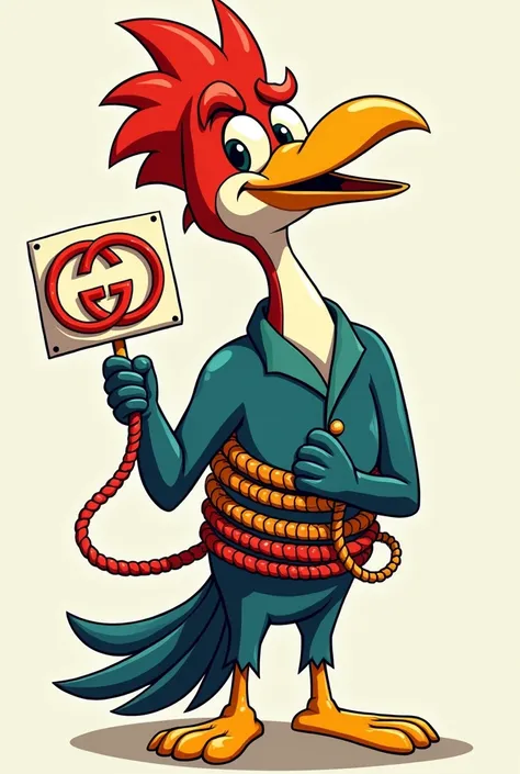 Draw the cartoon woodpecker full of rope with a Gucci sign in his hand