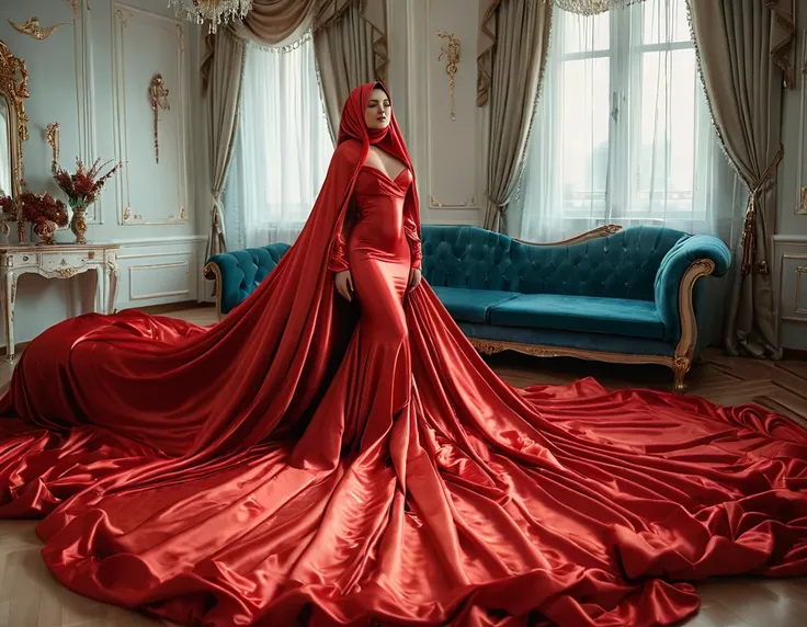 A rusian woman shrouded in a 7-meter-long, plush red satin cloth, tightly bound and grandly draping along the form of her body, flowing off into a pooled floor-length train, styled in a mermaid-inspired outfit, her head modestly veiled in a satin hijab, ta...