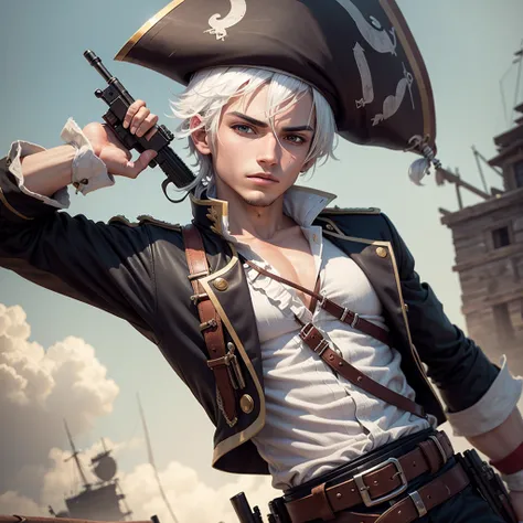 Pirate boy shooting with rifle, white hair