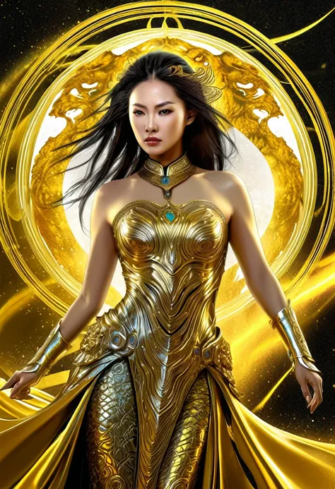 Stunning Asian female warrior in a detailed golden dress, Gothic-Style, Airbrush, Digital Painting, Very realistic wet drawing effect, Science Fiction-Style, Fractal glowing 
Roaring lion+-Spirale digital​ Abstract art