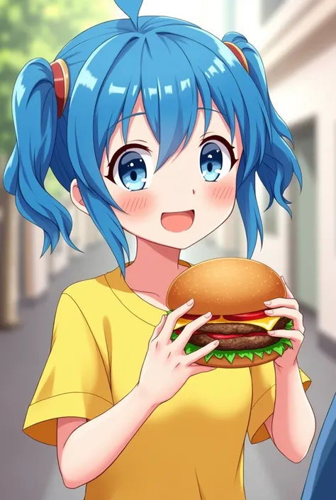 A cartoon characters girl  blue hairs yellow shirts and yellow eating burger in their hands and enjoy back to back standing position 

