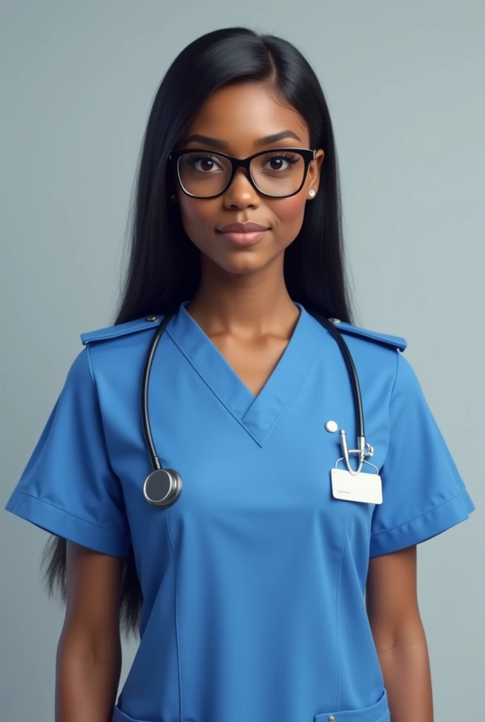 Nurse with black glasses mulatto with long black straight hair in blue uniform 
