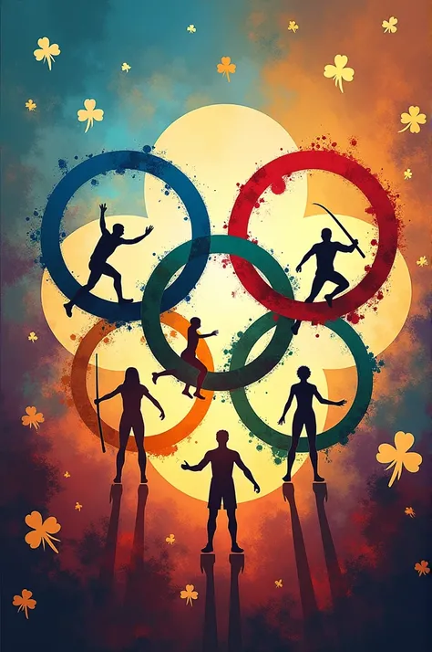 olympic hoops, inside each one with a silhouette of the 5 disciplines. It shows a fleur-de-lis and a clover. 