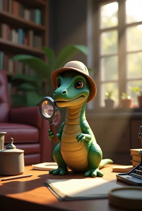 3d animated little dinosaur being a detective  