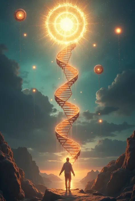 Universal ascension exploring dimensions being ascending a DNA-shaped ladder between worlds spheres of ascension path between spiritual worlds, dimensional, and new realities until reaching paradise and God