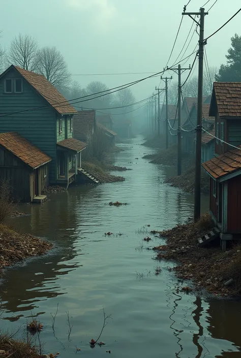 A lot of clamps, flood water flooded and destroyed houses! A lot of water on the road.