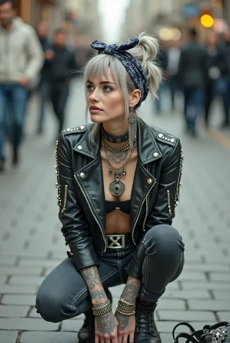 russian milf woman, grey hair (combed back in top bun) and oversize colourful bandana as headband, with very light blue eyes, extremely pale. Wearing studded cropped black moto jacket with lots of zippers and pins, black push up bra with white seams , dark...