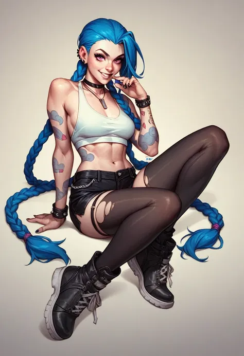 Sexy girl Jinx,used, in the style of the Arcane series, full length