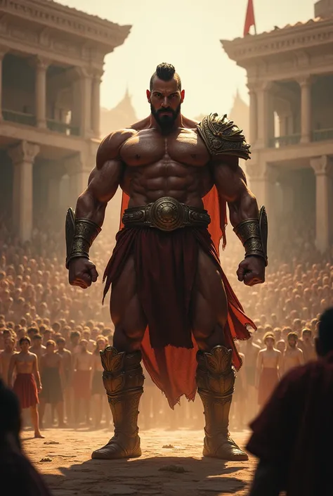 The arena falls silent as the mighty Ares steps forth, his muscular form casting an imposing shadow. His eyes burn with the intensity of a thousand battles as he scans the crowd, daring any challenger to face him. With a thunderous roar, he raises his fist...