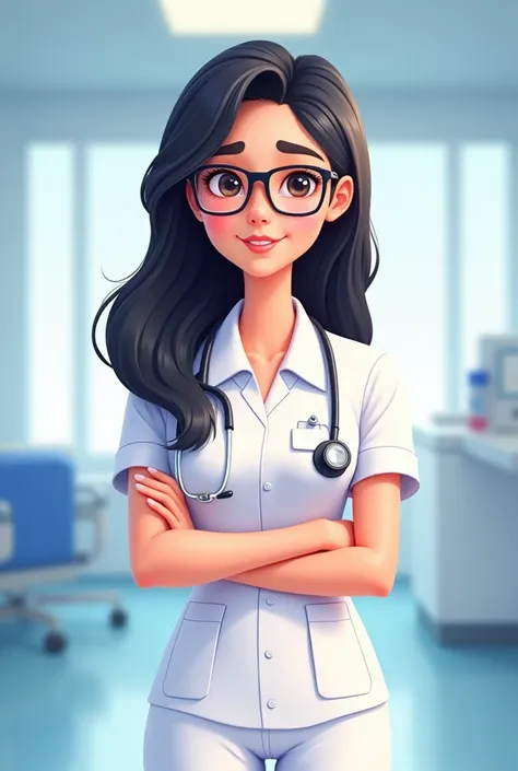 Animated nurse with black glasses Indian with long straight black hair 
