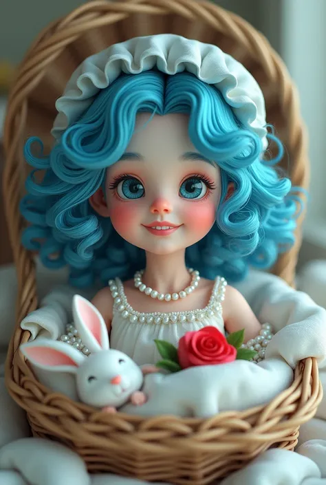 Very baby blue hatand  blue curly hair girl
With a very smiling and happy lip
With an old basket with a white rabbit in it
With a white princess dress and
A pearl necklace with a red rose
inside the bed
3D style 