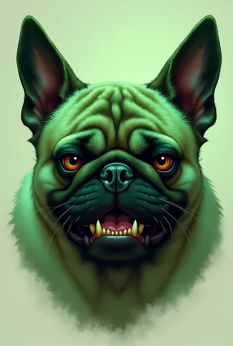 Green pug drawing with an evil face, just the face 