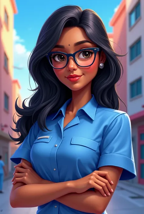 Animated nurse with black glasses Indian with long straight black hair and blue uniform 
