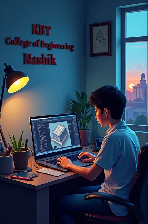 There is a boy who is sitting in front of the laptop, he has a complete laptop  set-up in the room, the software called creo is running on his laptop and the name K B T COLLEGE OF ENGINEERING NASHIK is written on wall and there is a big building ahet and s...