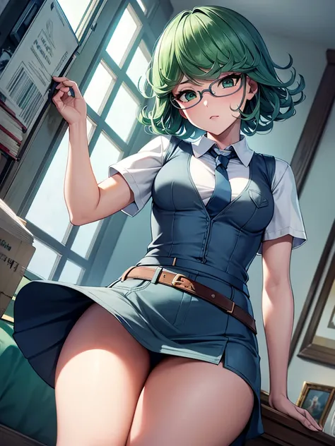 (high res, 8K, masterpiece, looking at viewer, best quality, very aesthetic, ultra detailed, ultra background, ultra Eyes) intricate details, 1girl, Tatsumaki, short sleeved white shirt, Light Blue Gray short skirt, Pockets on the left chest, Blue Gray tie...