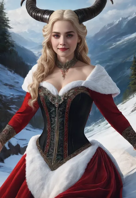 (masterpiece), (best quality), (many details), a woman, blonde hair reaching down to her bottom, a dress (red on top, black on bottom), smiling, horns, in a snowy landscape, green eyes