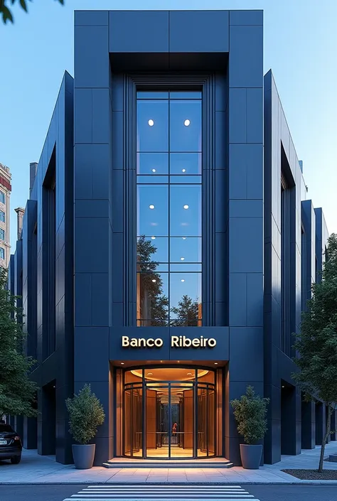 Large blue bank branch, with revolving door at the entrance, with a sign written above the door “BANCO RIBEIRO”.