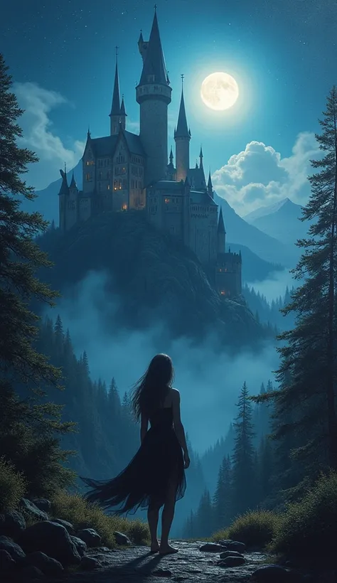 High-quality realistic acrylic art, vivid colors, Hot animated milf.a castle sitting on the mountain surrounding by the trees, foggy, dark night, moon and clear sky, (masterpiece),((ultra-detailed)), (highly detailed CG illustration),(expressionless), (bes...