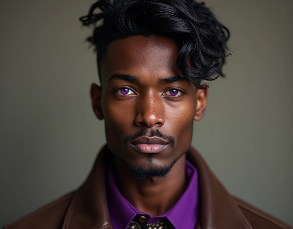 Photograph headshot of a very tall French-Nubian featured male model, wavy hair parted to the side hair, shaved chin, shaved upper lip, toned body, ebony skin, vibrant purple eyes, tall thin toned body. Kind expression. Wearing brown and purple clothes.