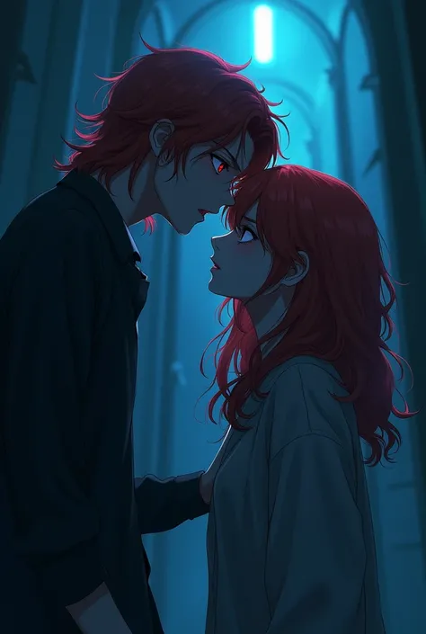 Make a wavy hair man with red highlights, Scarlet eyes begging a redheaded woman for love. anime styling, dramatic blue light, HORROR theme