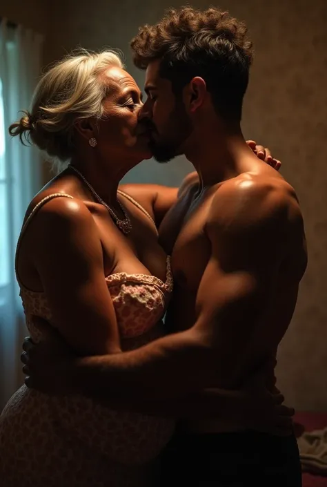 (photorealism:1.2), Beautiful Dark Skinned Old Woman with slight white hair, LNude with exposed Breasts and Kissing with a 18 year Old Boy passionately, Dim light in the room.