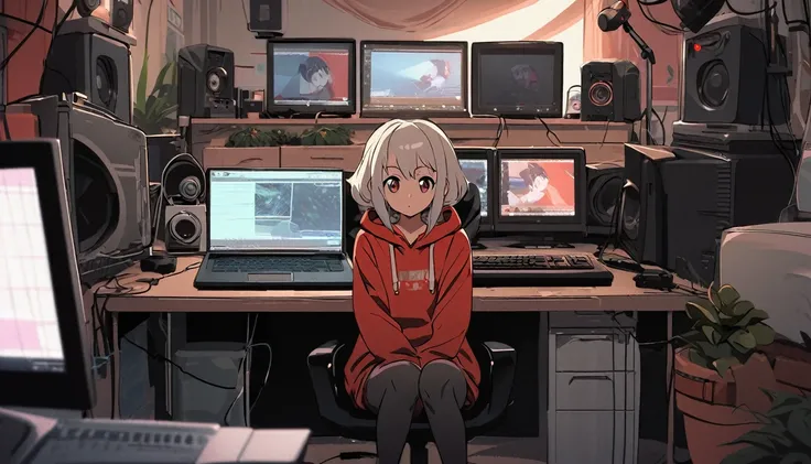 Create a image of "A 18 years anime girl sitting in front of a computer desk with a microphone and laptop, futuritic, wearing black and red hoodie. The background includes futuristic envinronment, potted plants on either side, and various recording equipme...