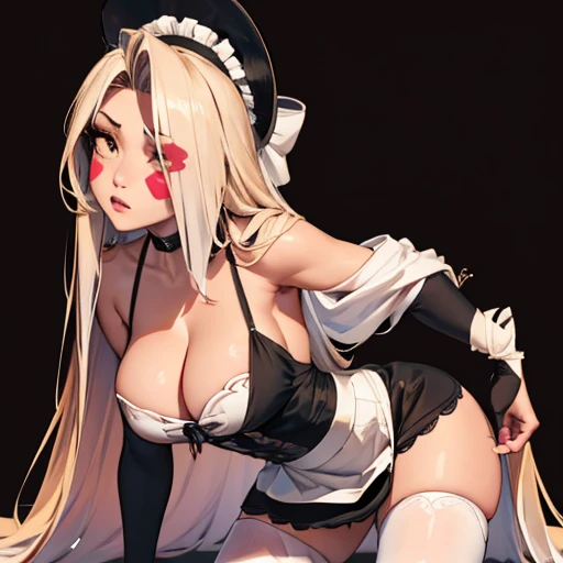 on fours, back view, sex(masterpiece, best quality:1.4), absurdres, highres, ultra detailed, beautiful, (maid), (perfect face, detailed face, beautiful:1.3),(natural breasts, cleavage), collarbone, fingerless gloves, gloves,spaghetti strap top, black penci...