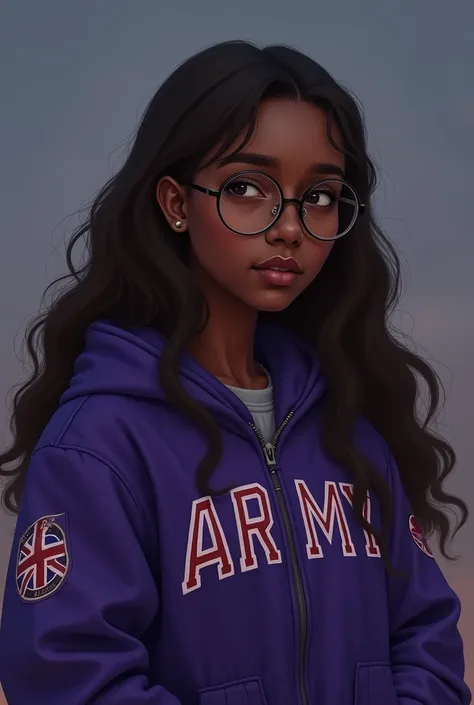 Dark skinned teenage girl with long brown hair and glasses wearing a purple jacket that says ARMY