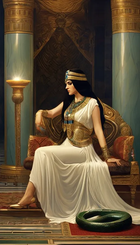 Cleopatra in her final moments, portrayed with both strength and vulnerability. She is dressed in royal Egyptian attire, lying gracefully on a luxurious couch in a grand but somber palace room. In one hand, she holds a small, intricately designed vial, sug...