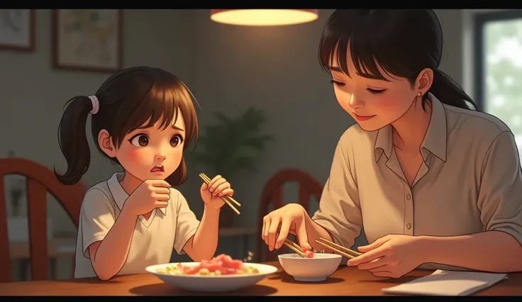 At a family dinner table, a young girl has accidentally dropped a piece of meat on the floor and is nervously looking up at her mother. The mother, with a gentle smile and a reassuring expression, is putting down her chopsticks. The girls small hands are g...