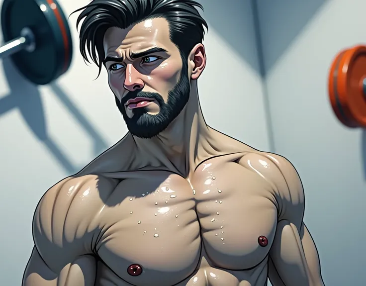 Zane Blackstone finishes his workout routine, sweat glistening on his chiseled physique. He grabs a towel and wipes his face, his piercing gaze surveying the training room.